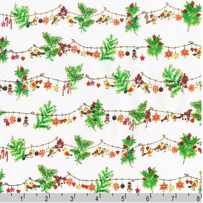 44 x 36 Yuletide Bouquet Strings of Birds on White Robert Kaufman 100% Cotton Christmas