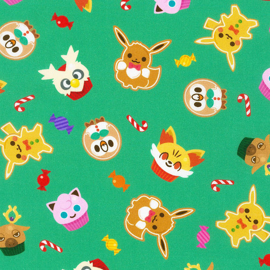 44 x 36 Pikachu's Holiday by Pokemon Character Faces Green Christmas Fabric Robert Kaufman 100% Cotton