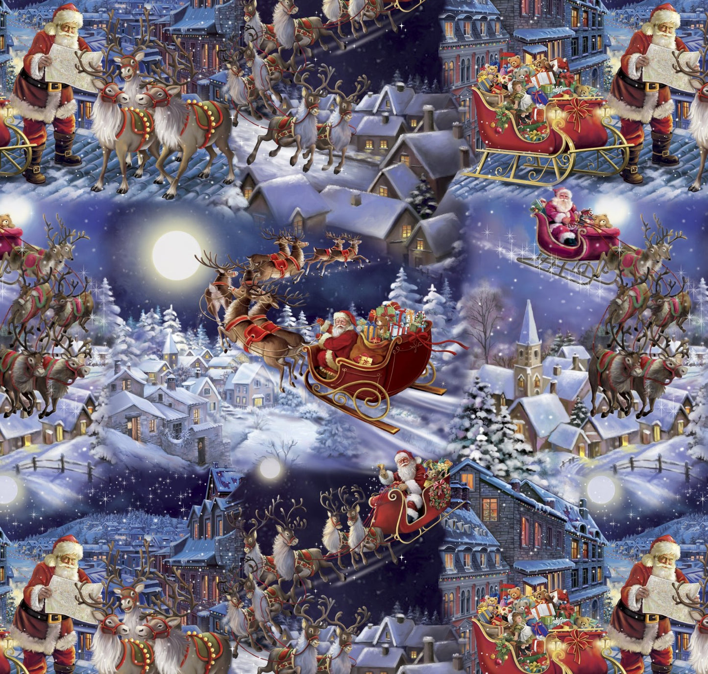 Christmas Santas Sleigh on Blue 44 x 35