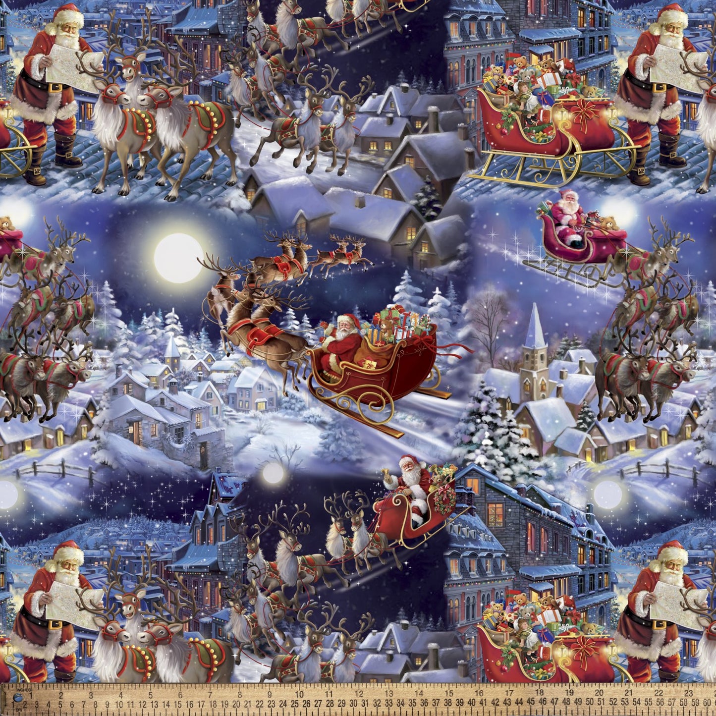 Christmas Santas Sleigh on Blue 44 x 35