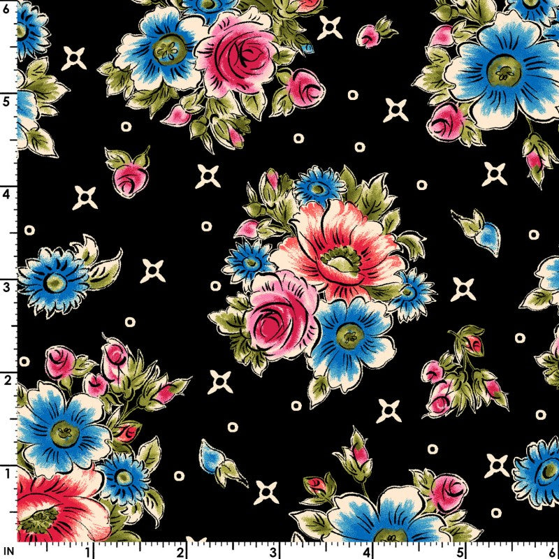 44 x 36 Floral on Black Maywood Studio 100% Cotton All Over Print