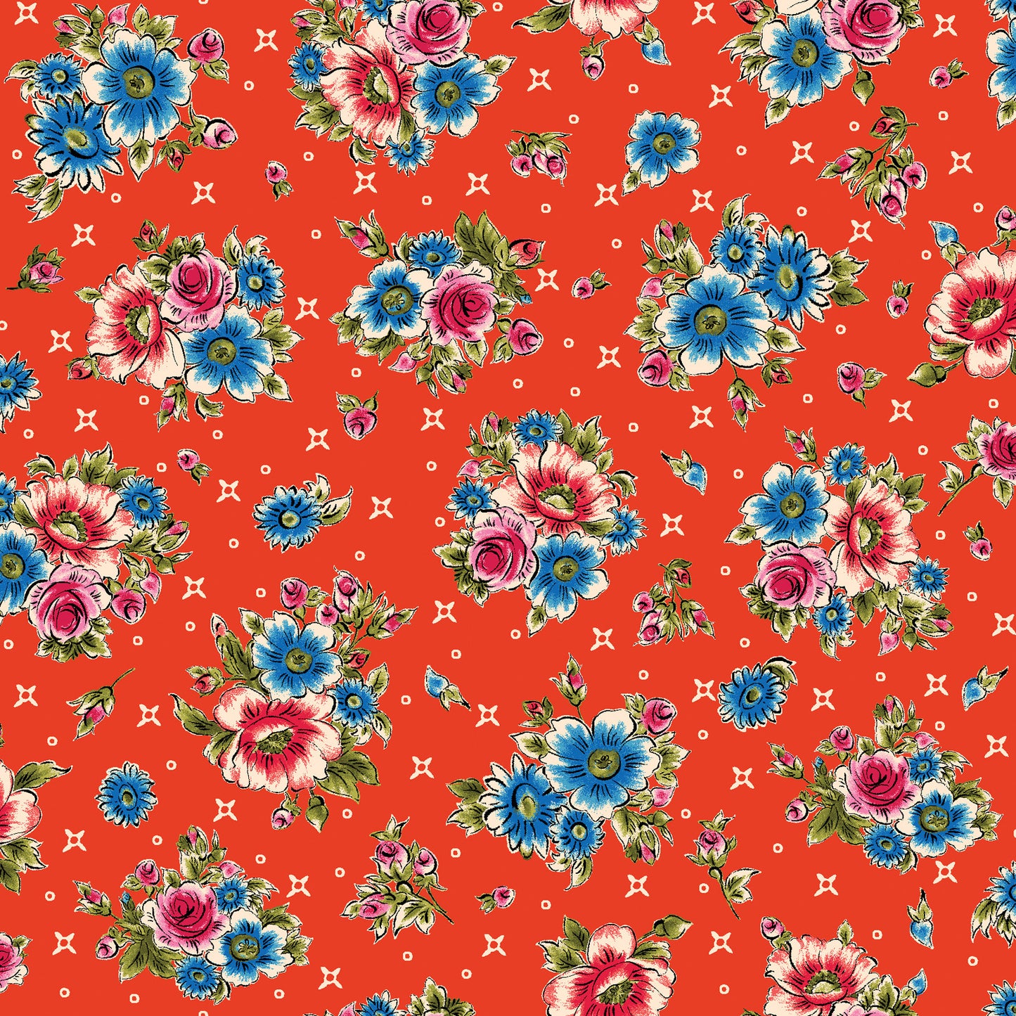 44 x 36 Red and Blue Flowers on Red Maywood Studio 100% Cotton All Over Print