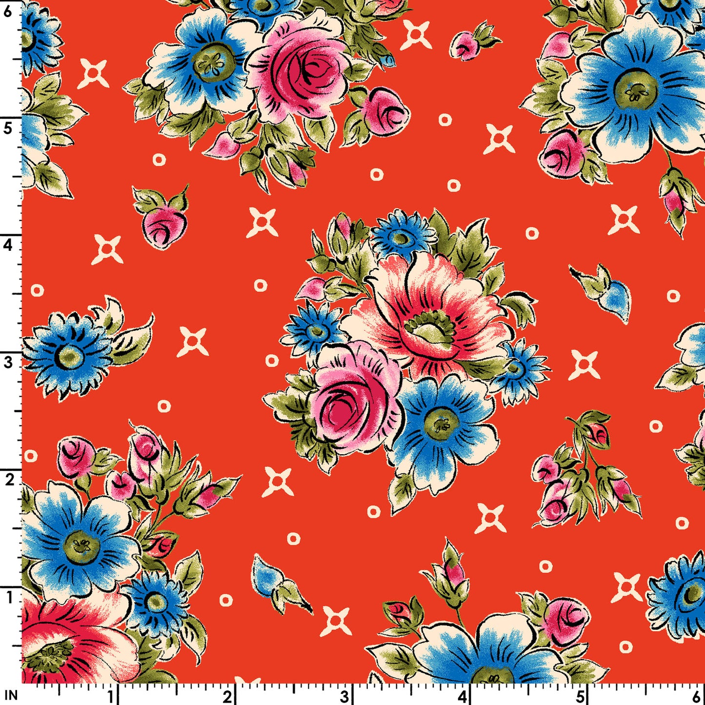44 x 36 Red and Blue Flowers on Red Maywood Studio 100% Cotton All Over Print