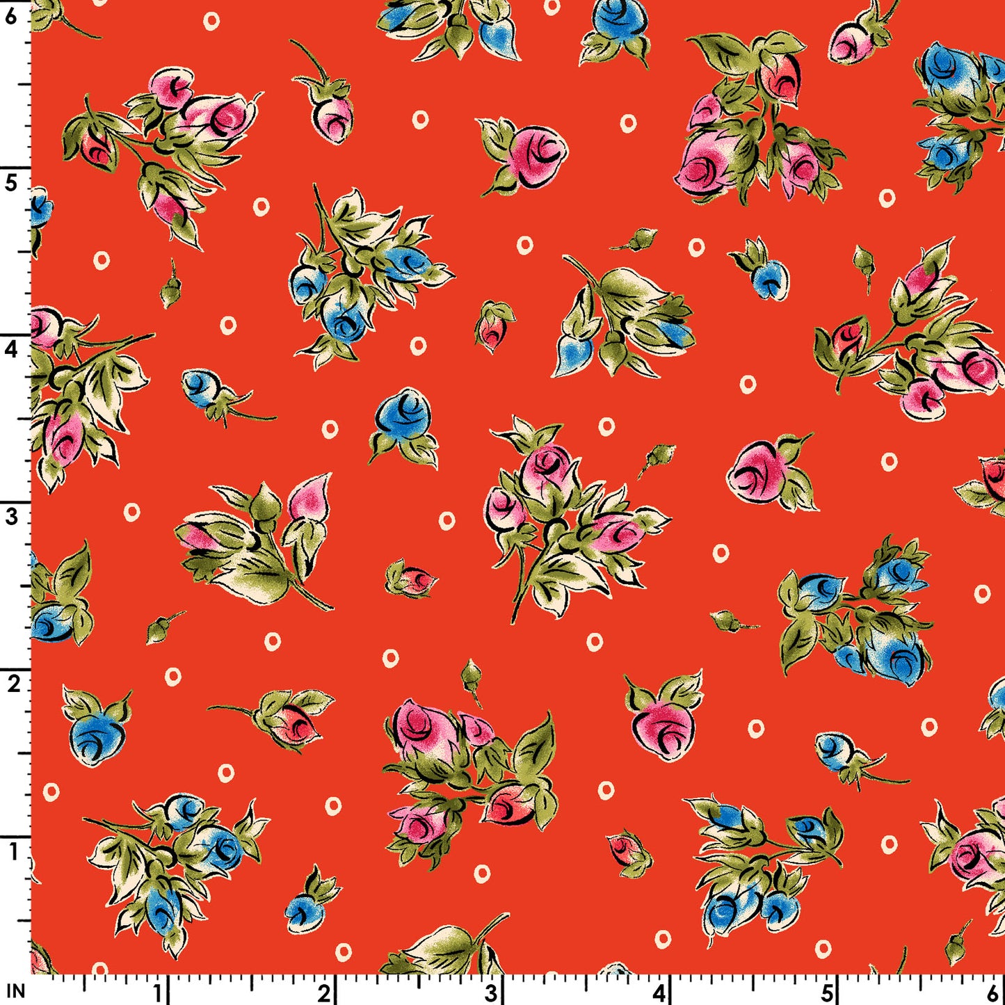44 x 36 Red and Blue Roses on Red Maywood Studio 100% Cotton All Over Print