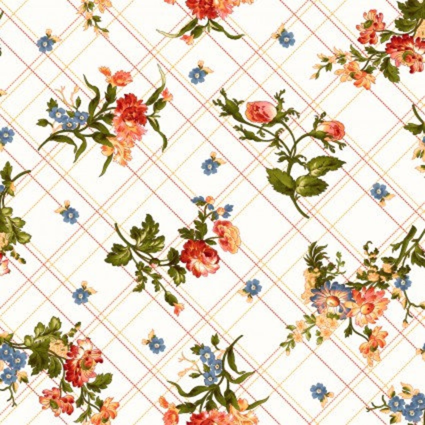 44 x 36 Floral Belle Epoque Bias Plaid Floral on Cream 100% Cotton All Over Print