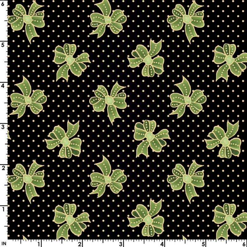44 x 36 Christmas Green Ribbons Bows on Black Maywood Studio Metallic 100% Cotton
