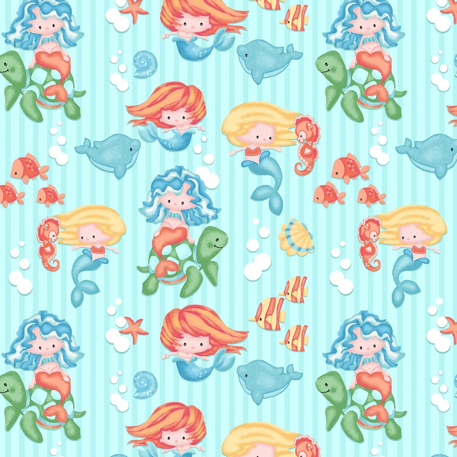 Pattern of cartoon mermaids, fish, and sea creatures on a blue background