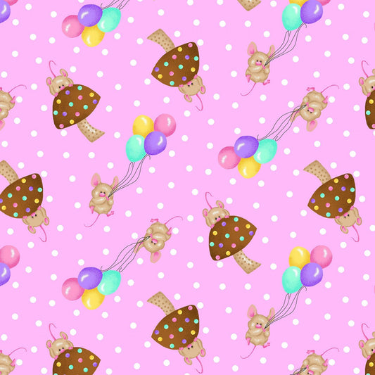 A.E. Nathan Comfy Flannel Mice Balloons and Mushrooms on Pink Baby Price per Yard
