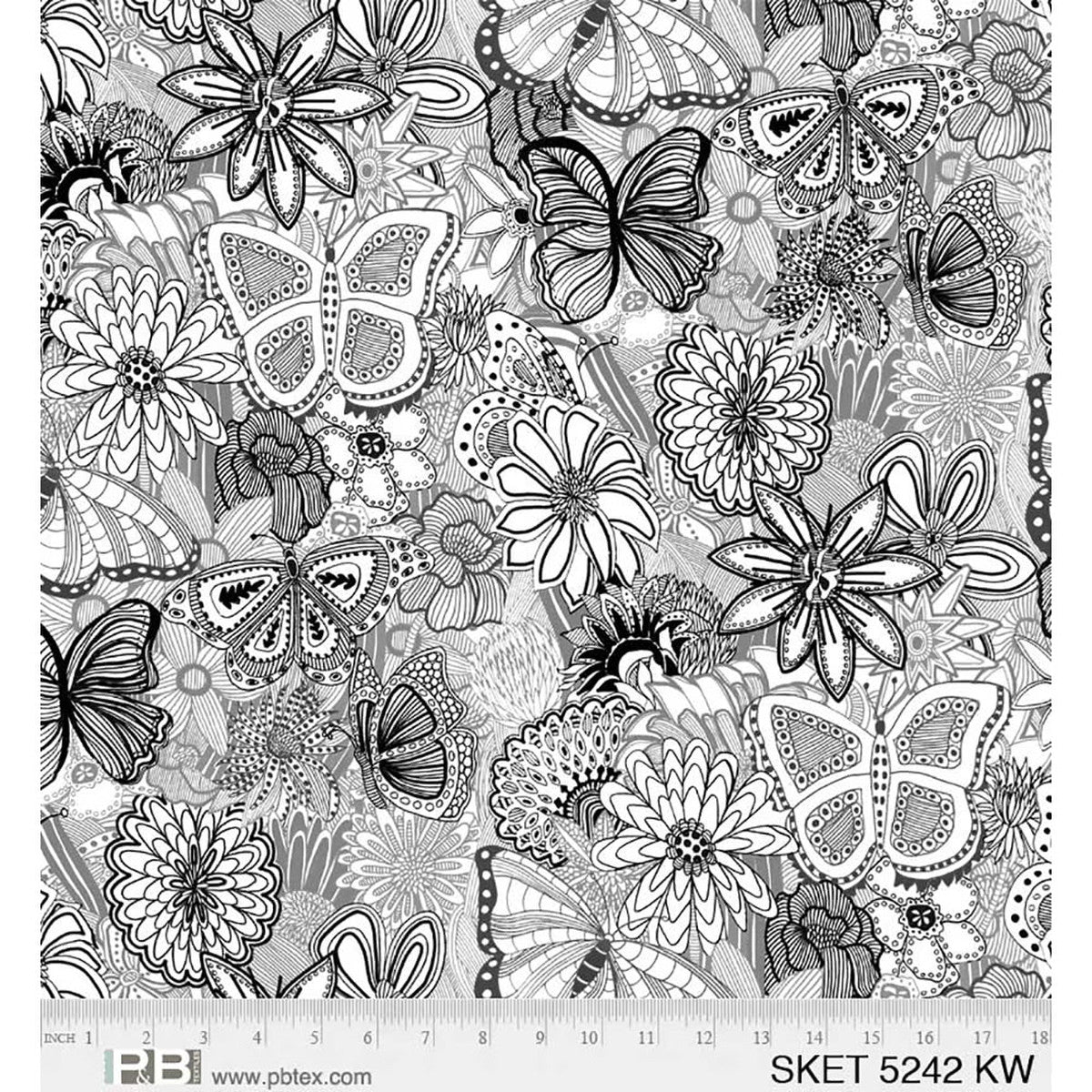 108 Inch Wide Sketchbook Butterfly Flower Garden Black and White Quilt Back Cotton Fabric Extra Wide