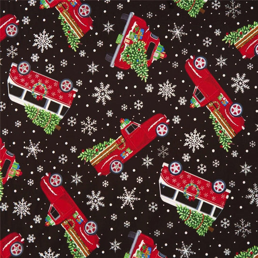 MINKY Timeless Treasures Christmas Softie Tossed Holiday Red Trucks Campers with Trees