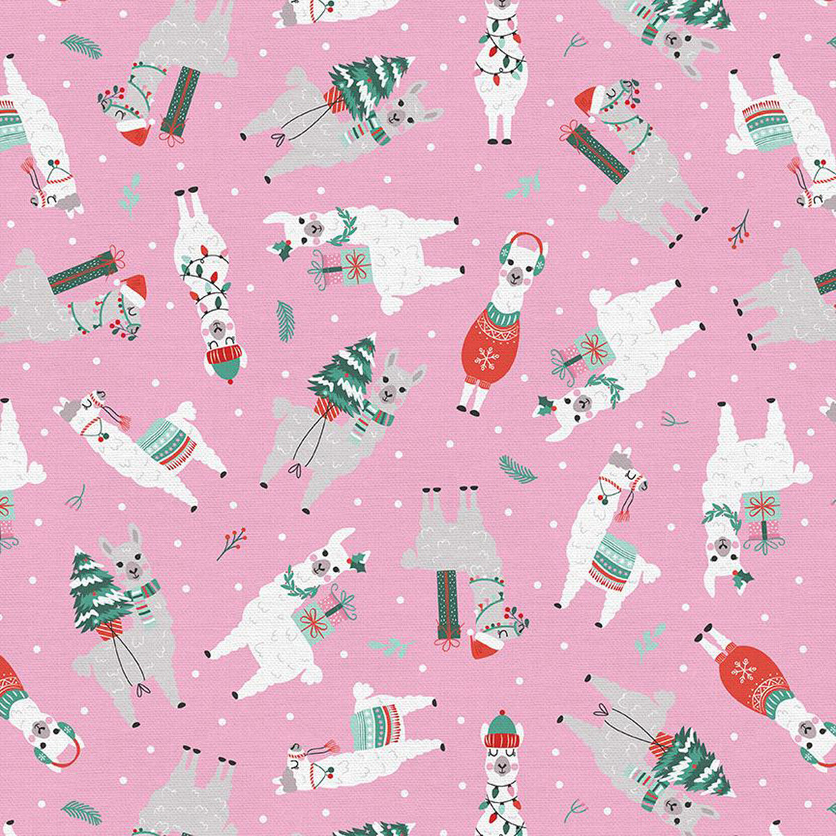 Christmas Llamas on Pink 100% Cotton
