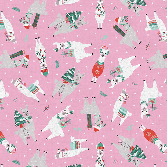 Christmas Llamas on Pink 100% Cotton