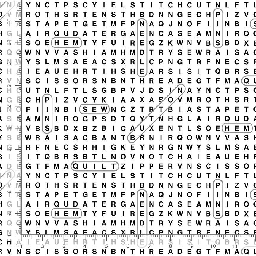 Sewing Word Search on White Timeless Treasures All Over Prints 100% Cotton