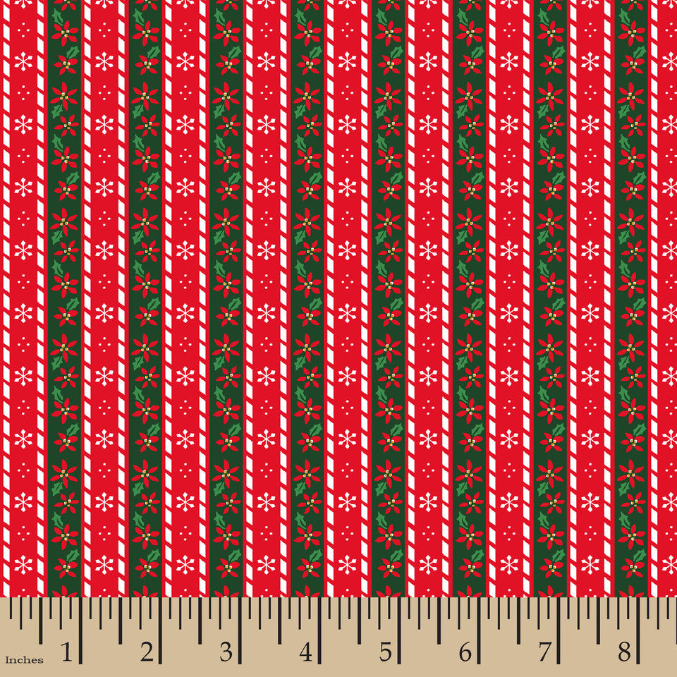 Christmas Stripes Poinsettia Snowflakes Red Green 100% Cotton Fabric