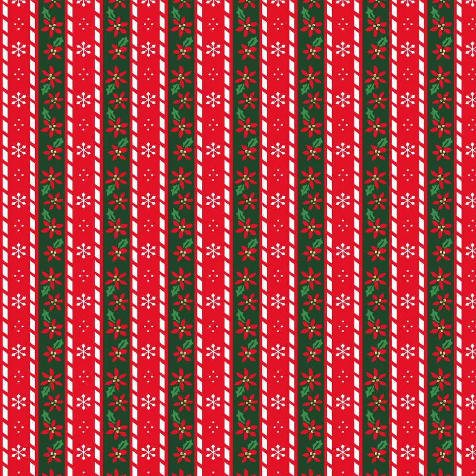 Christmas Stripes Poinsettia Snowflakes Red Green 100% Cotton Fabric