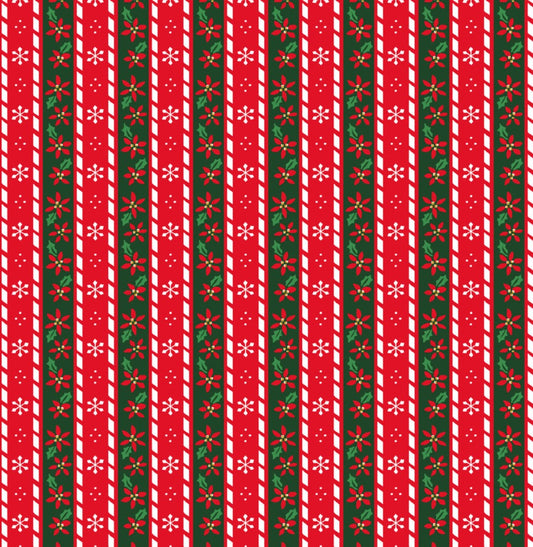 Christmas Stripes Poinsettia Snowflakes Red Green 100% Cotton Fabric