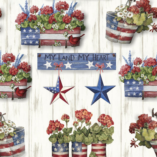 Price Per Yard Patriotic Geranium Stars on White 100% Cotton Fabric All Over Print