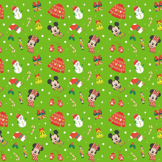 44 x 36 Licensed Mickey and Minnie Xmas Icons on Green Christmas Springs Creative 100% Cotton