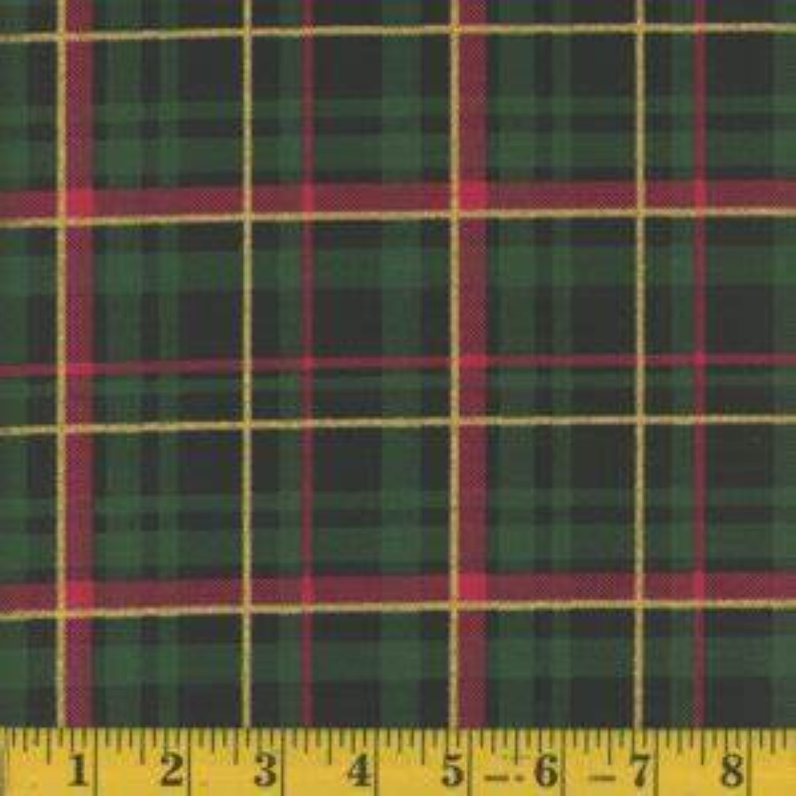 44 x 36 Christmas Red and Green Plaid Gold Glitter Fabric Traditions 100% Cotton