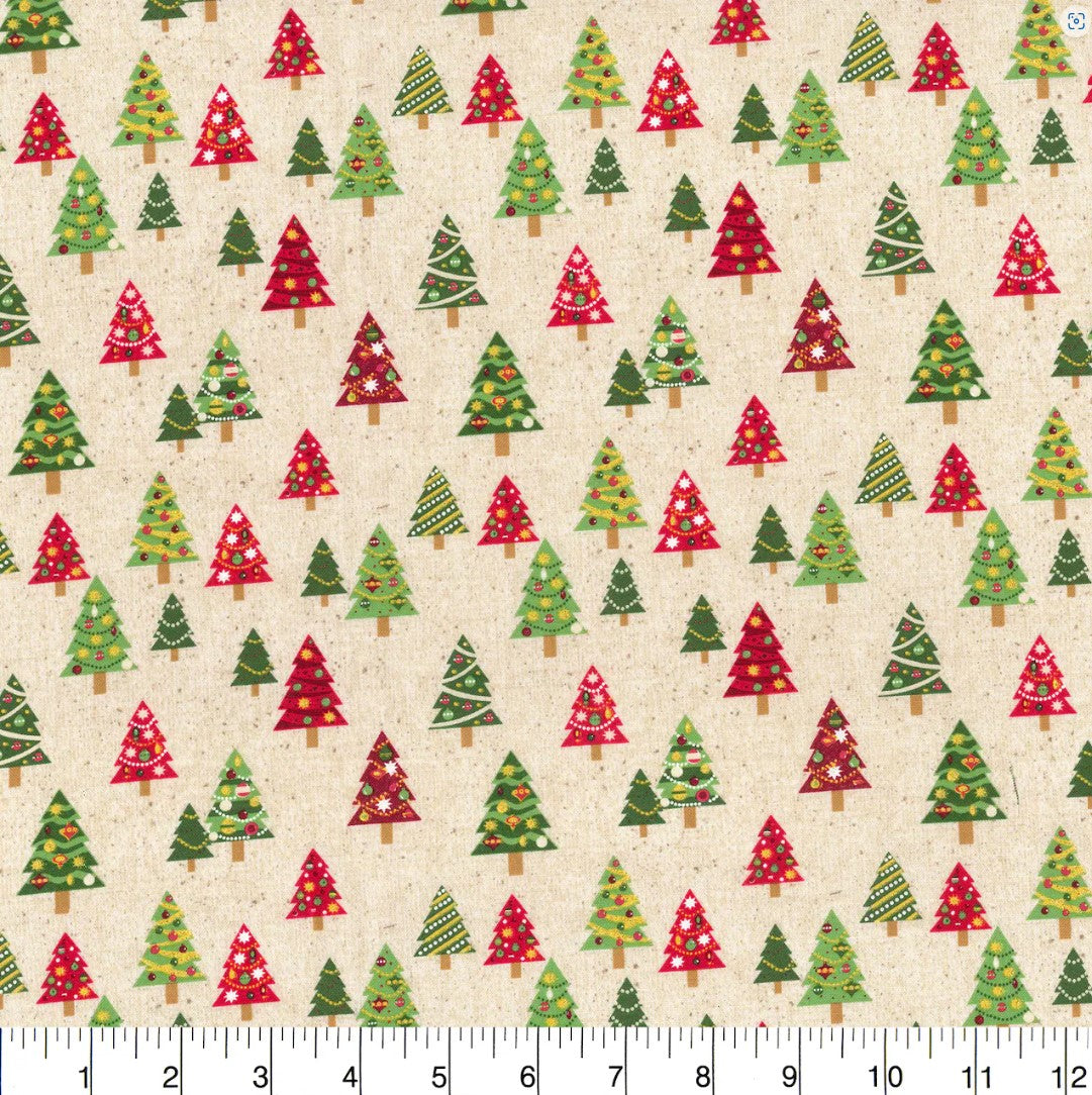 44 x 36 Christmas Trees Gold Glitter Beige Fabric Traditions 100% Cotton