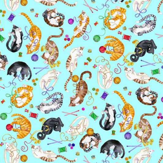 44 x 36 Cotton FLANNEL Kitten Kitty Cat Playing with Yarn on Mint A. E. Nathan Baby 100% Cotton