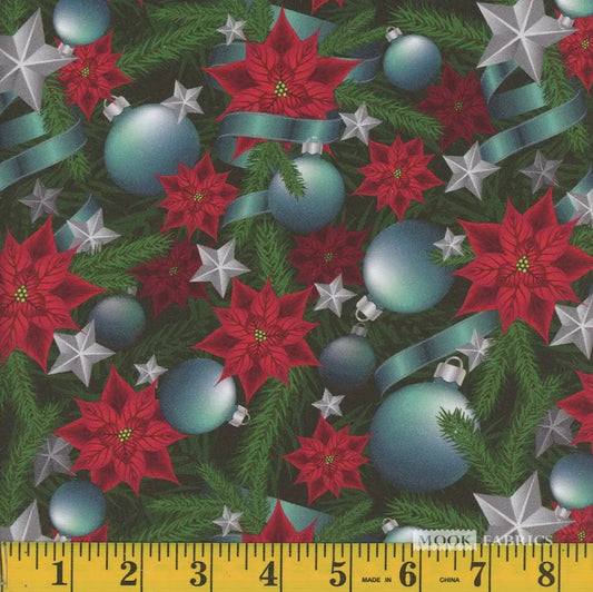 44 x 36 Teal Ornaments and Ribbons Christmas 100% Cotton Fabric