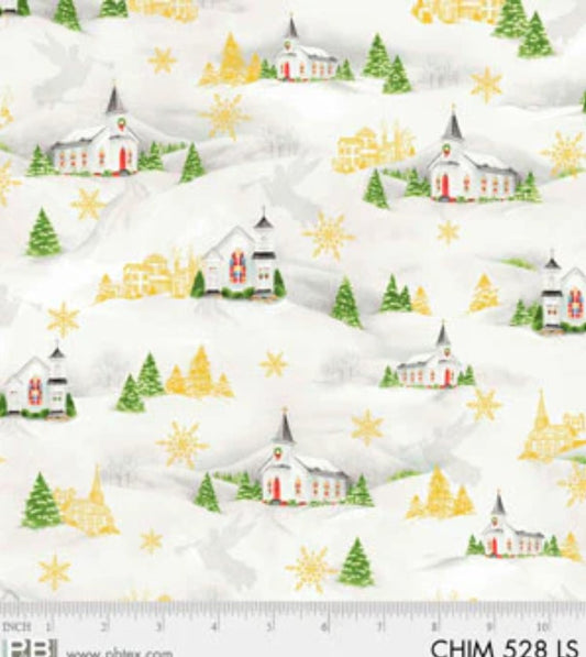 44 x 36 Christmas Snow Village on Ivory 100% Cotton Fabric