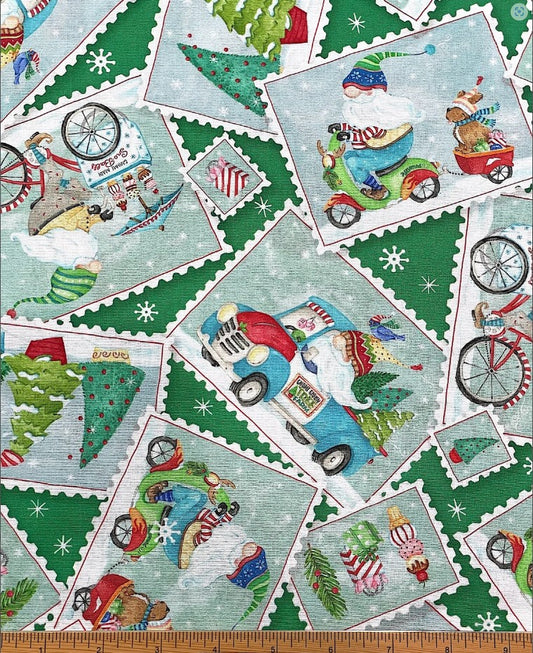 44 x 36 Christmas Gnomes Postcard Toss on Green 100% Cotton Fabric