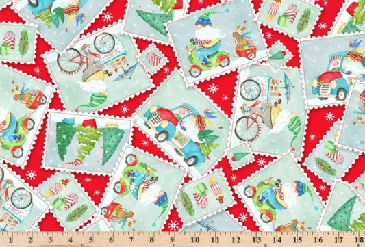 44 x 36 Christmas Gnomes Postcard Toss on Red 100% Cotton Fabric