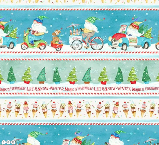 44 x 36 Christmas Gnomes Border Stripe 100% Cotton Fabric