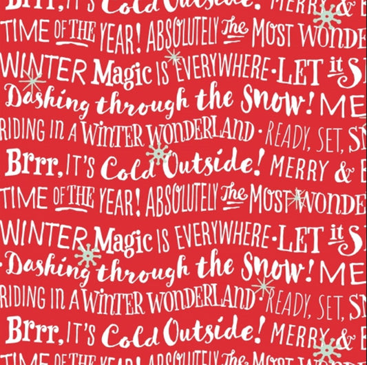 44 x 36 Christmas Wavy Text on Red 100% Cotton Fabric