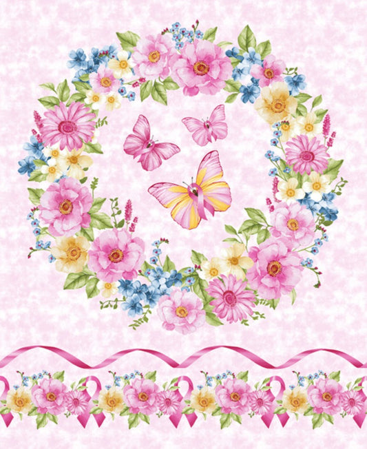 45 x 36 Breast Cancer Awareness Panel Butterflies Ribbons Pink Celebration 100% Cotton