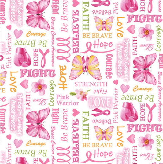45 x 36 Breast Cancer Awareness Words of Encouragement Ribbons Pink Celebration 100% Cotton
