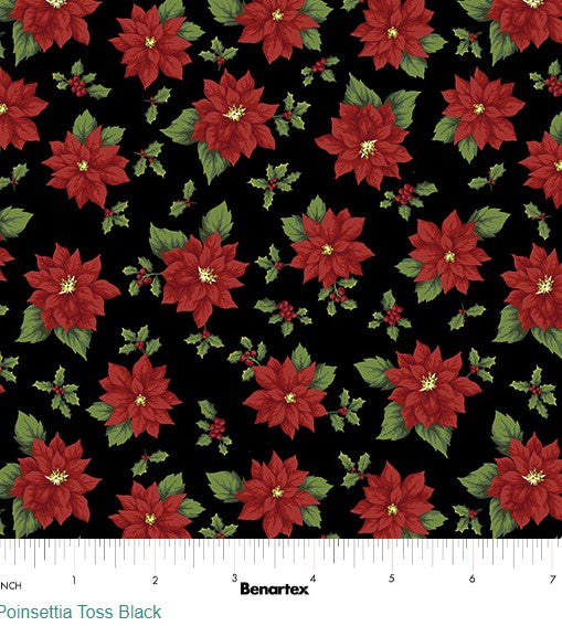 45 x 36 Poinsettia Toss on Black Benartex 100% Cotton Fabric Christmas