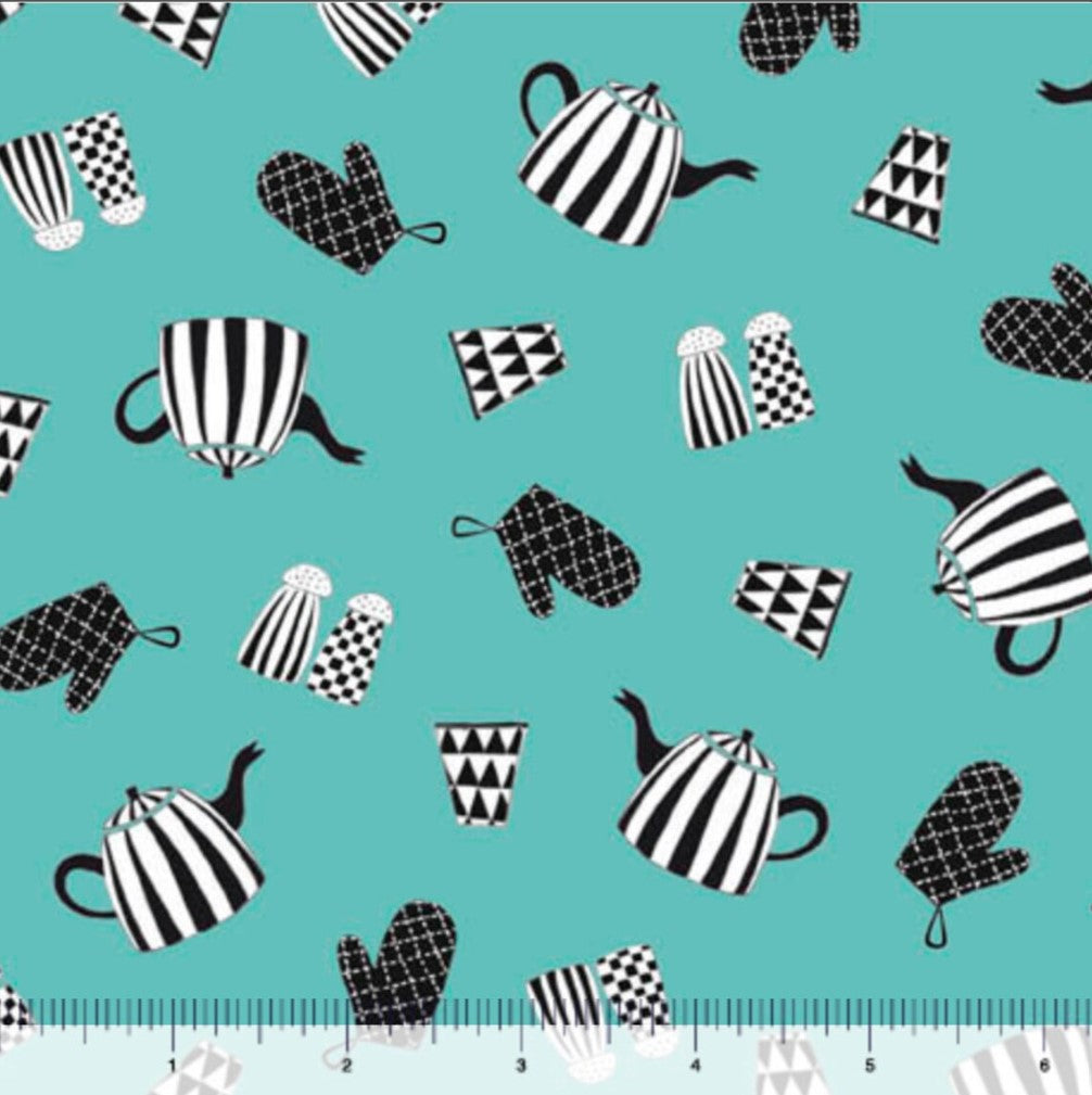 Oven Mitts and Teapots on Teal Price per Yard QT Fabrics 100% Cotton All Over Print