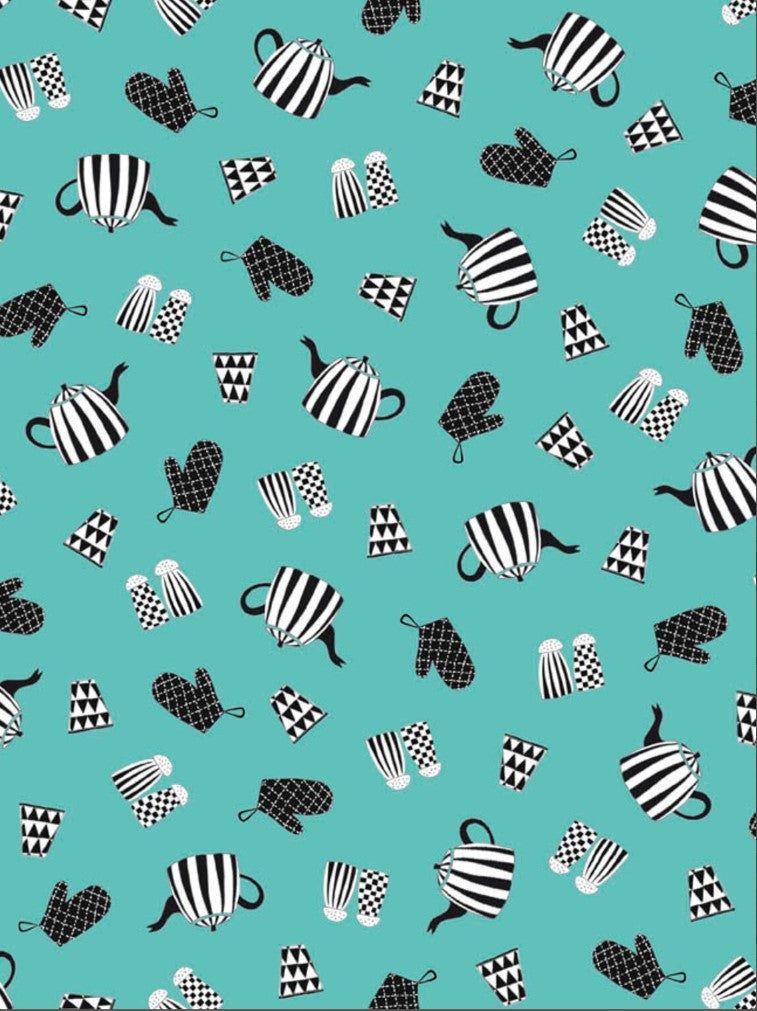 Oven Mitts and Teapots on Teal Price per Yard QT Fabrics 100% Cotton All Over Print