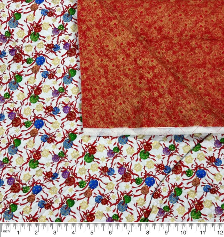 Price Per Yard Double Faced Pre-Quilted Christmas Fabric Ornaments and Stars Paintbrush Studio