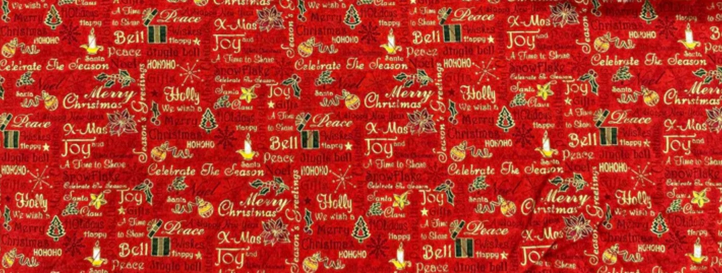 Price Per Yard Double Faced Pre-Quilted Christmas Fabric Gold Words Red Paintbrush Studio