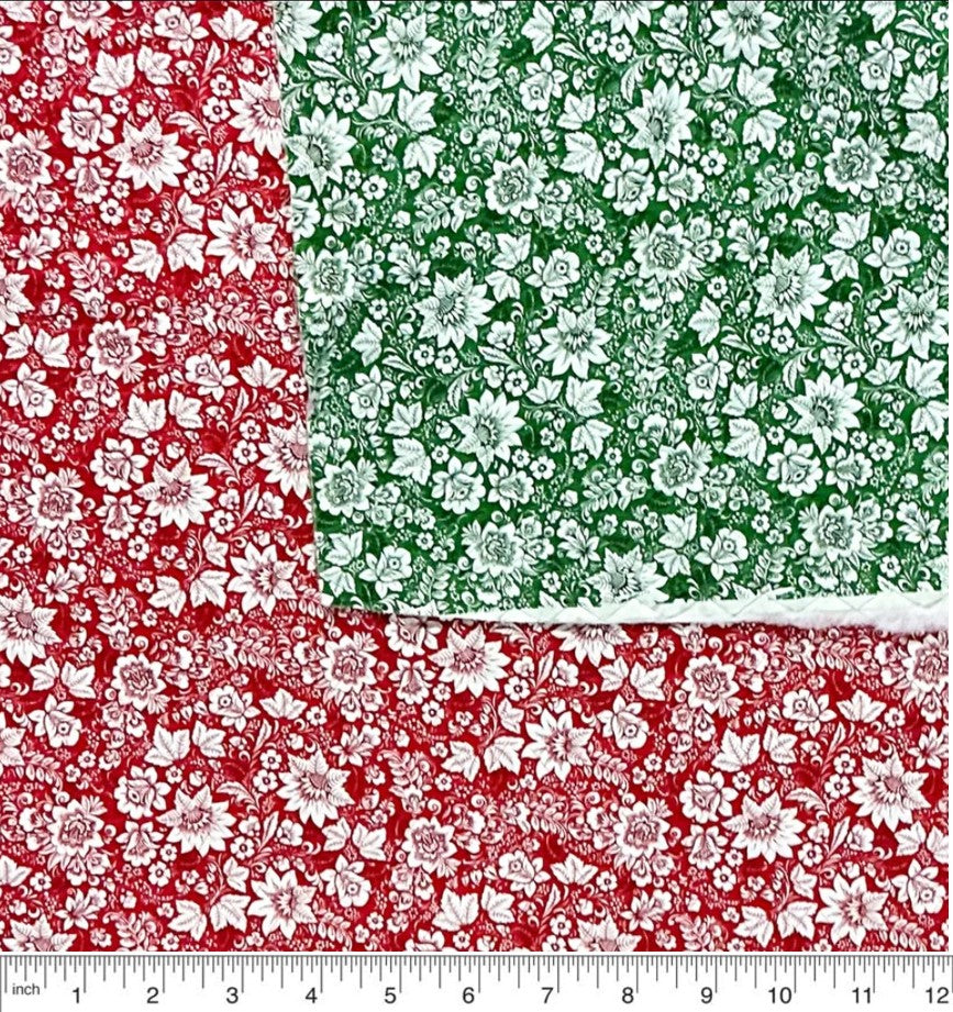 Price Per Yard Double Faced Pre-Quilted Christmas Red and Green Floral Paintbrush Studio