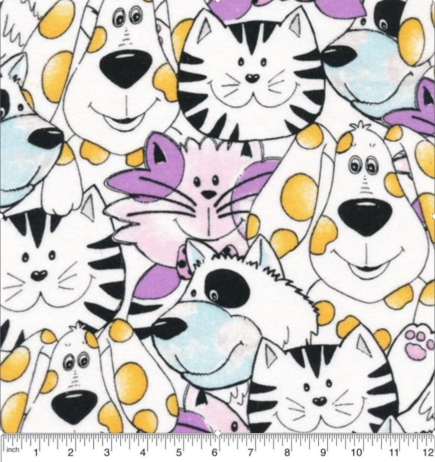 Price Per Yard Flannel Dogs and Cats on White Fabric Paintbrush Studio Fabri-Quilt Baby