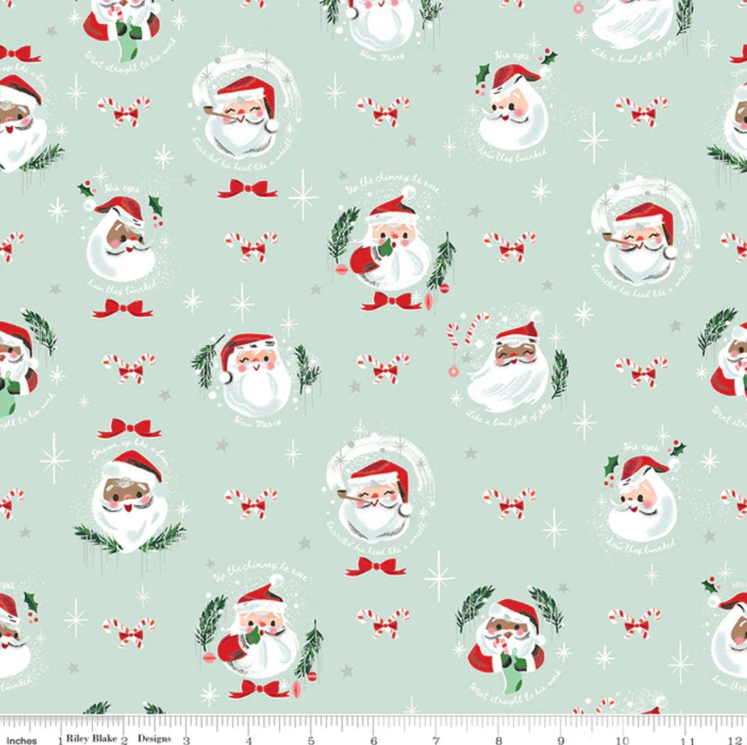 Christmas Santa on Light Mint Green Riley Blake 100% Cotton Price Per Yard