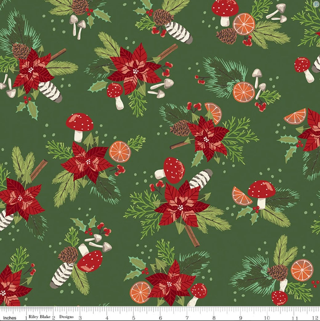 Christmas Poinsettias Mushrooms Green Riley Blake 100% Cotton Price Per Yard