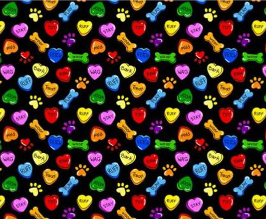 Price Per Yard Dog Puppies Bones and Hearts on Black Fabric Traditions 100% Cotton Valentine