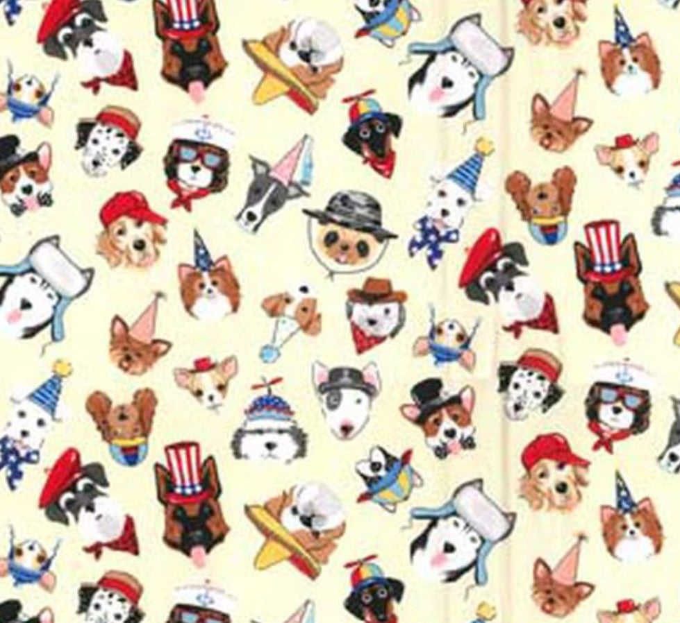 44 x 36 Puppy Dogs Wearing Hats on Cream Fabric Traditions 100% Cotton