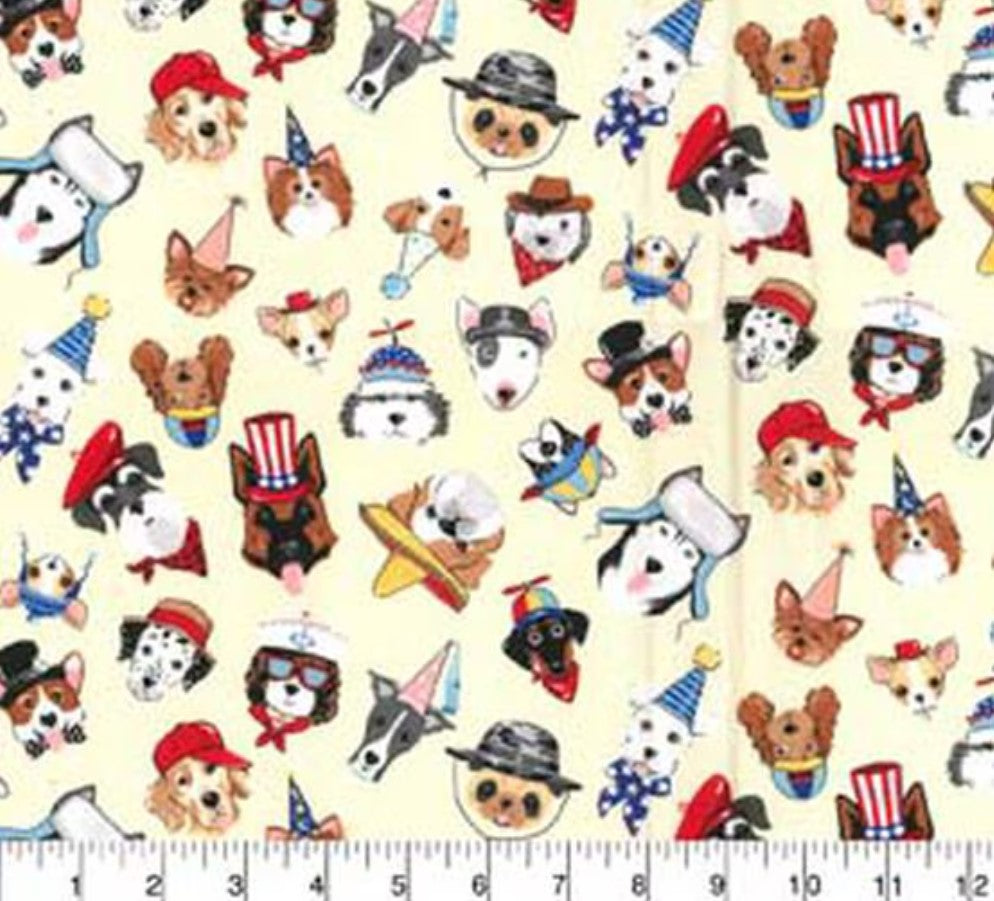 44 x 36 Puppy Dogs Wearing Hats on Cream Fabric Traditions 100% Cotton