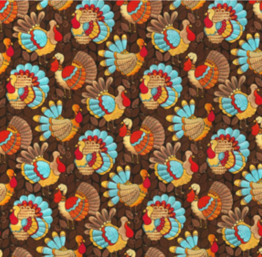 Price per Yard Thanksgiving Turkey with Teal Feathers on Brown Fabric Traditions 100% Cotton