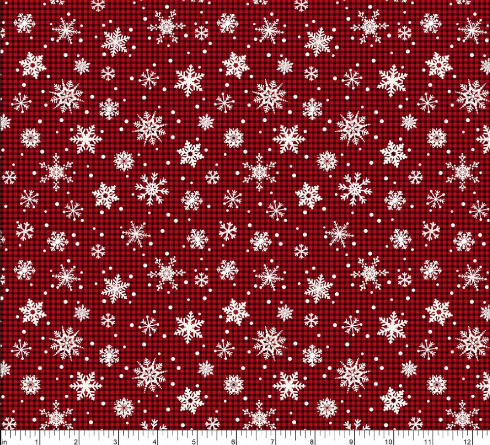 45 x 36 Timeless Treasures Christmas Snowflakes on Red Black Small Bias Plaid 100% Cotton Fabric