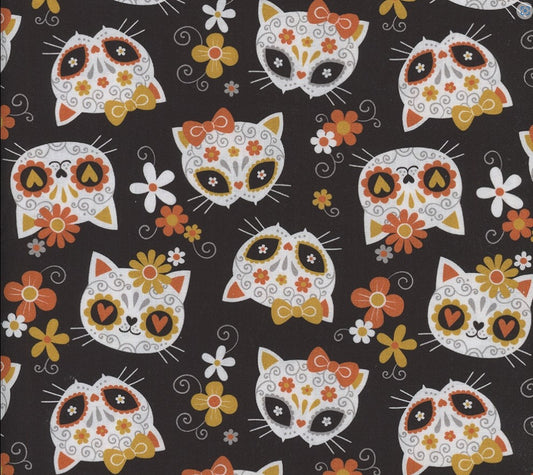 Price per Yard Sugar Skulls Cats on Black Orange Yellow 100% Cotton Fabric Halloween