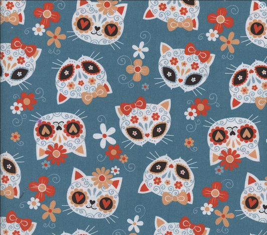 Price per Yard Sugar Skulls Cats on Teal Orange Red 100% Cotton Fabric Halloween