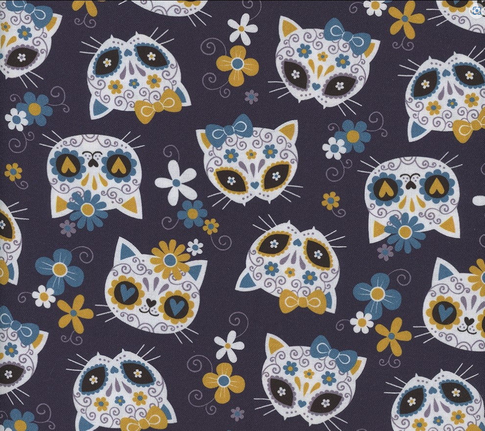 Price per Yard Sugar Skulls Cats on Blue 100% Cotton Fabric Halloween